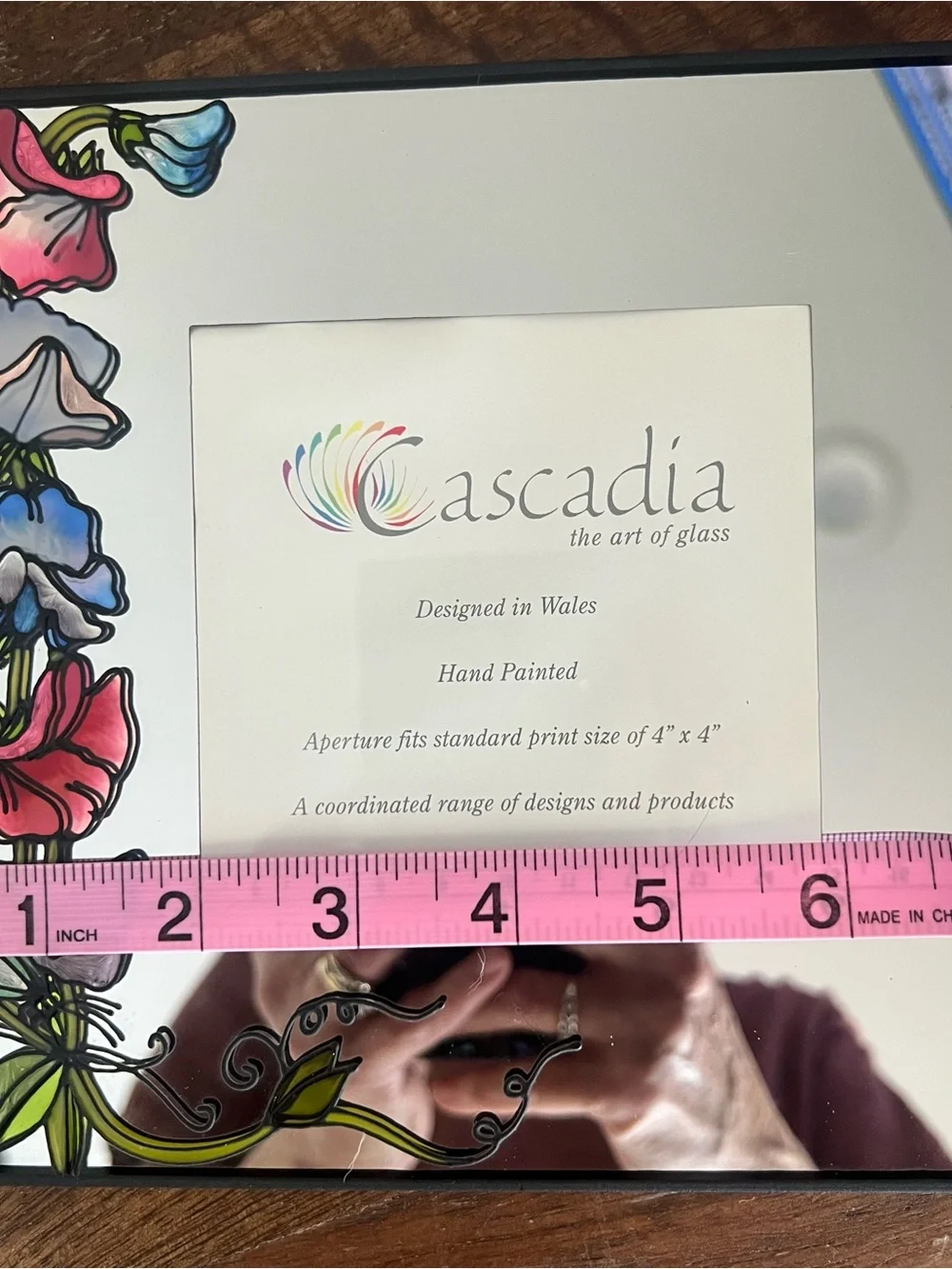 Cascadia Art of Glass Hand Painted Floral Mirror Frame, 7” square w/4x4 for pic